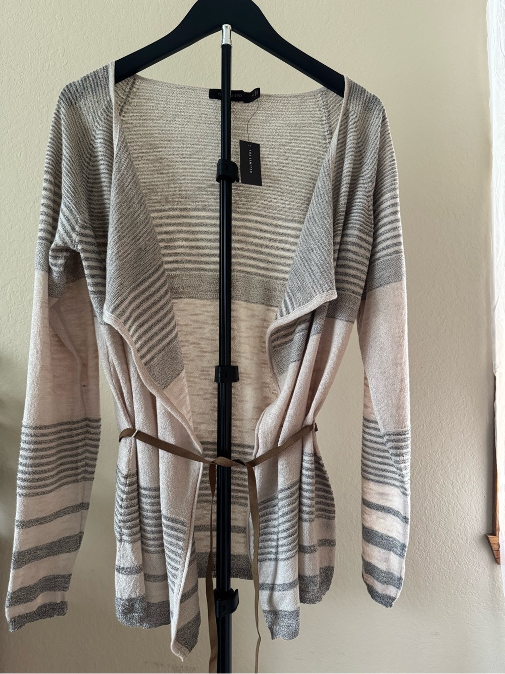 The Limited Striped Open-Front Cardigan in Gray and Cream